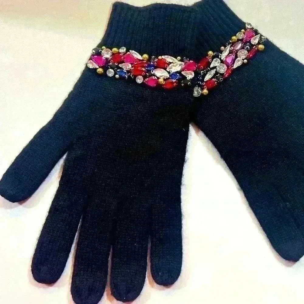 BLACK GLOVES WITH COLORED RHINESTONES SIZE SMALL